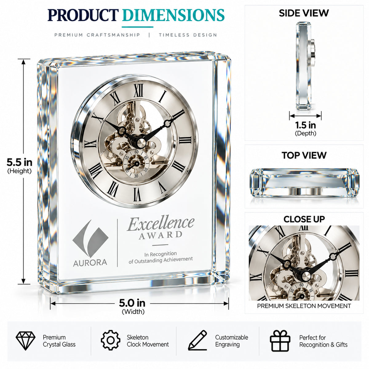 Aurora Excellence | Custom Crystal Clock Recognition Award