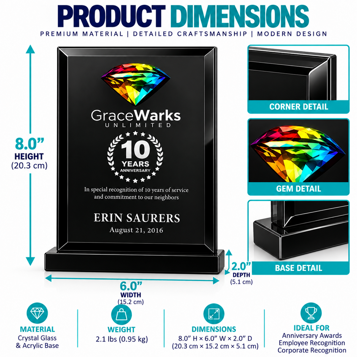 Prismatic Crystal | Custom Engraved Plaque Award for Employee Recognition
