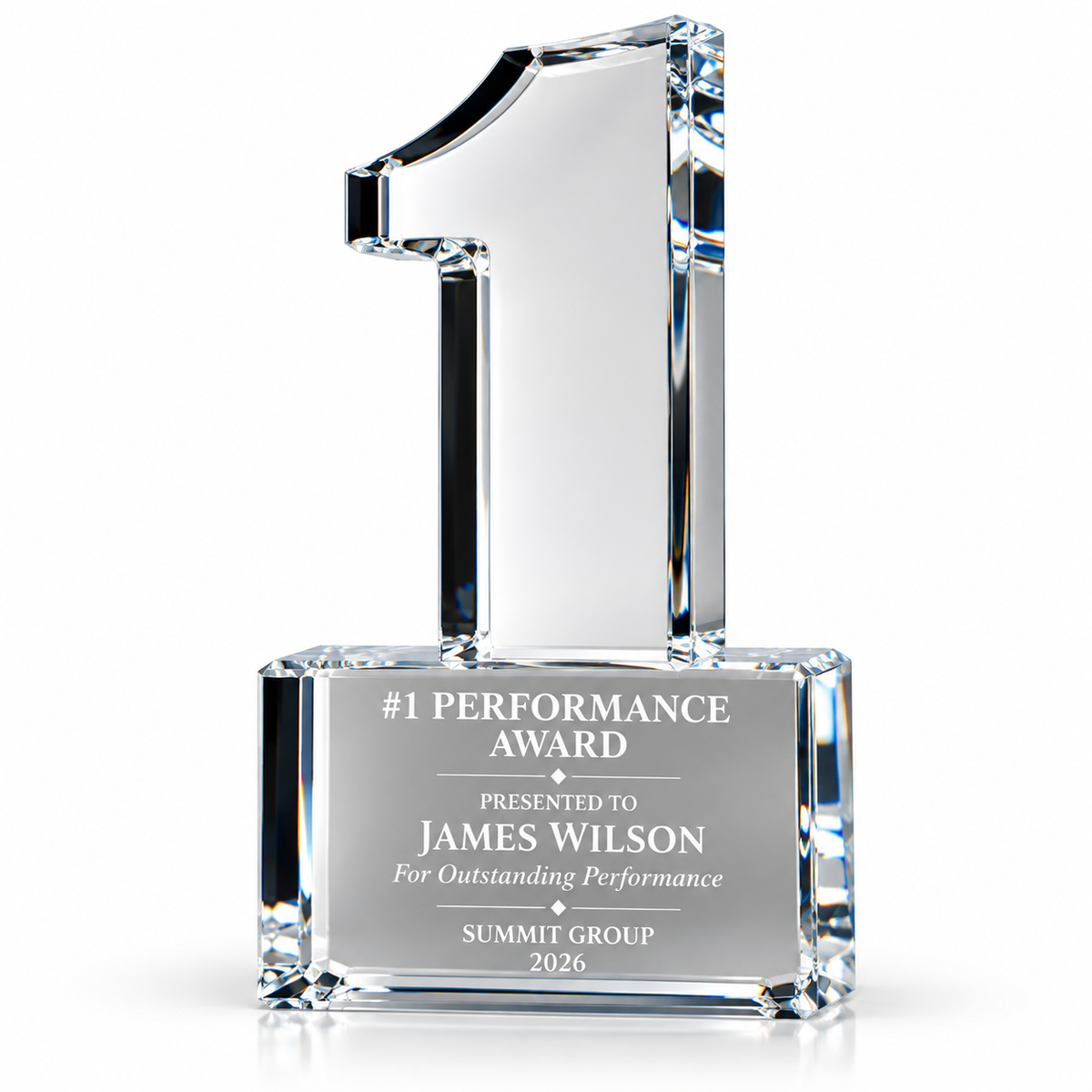 First Ascent clear crystal number one award on rectangular base with performance text