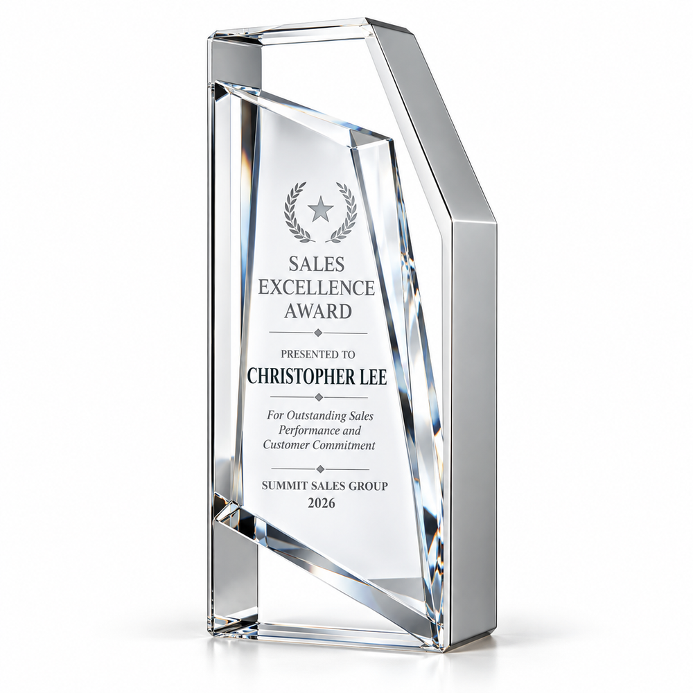 Silver Crest tapered crystal tower award with printed sales excellence text