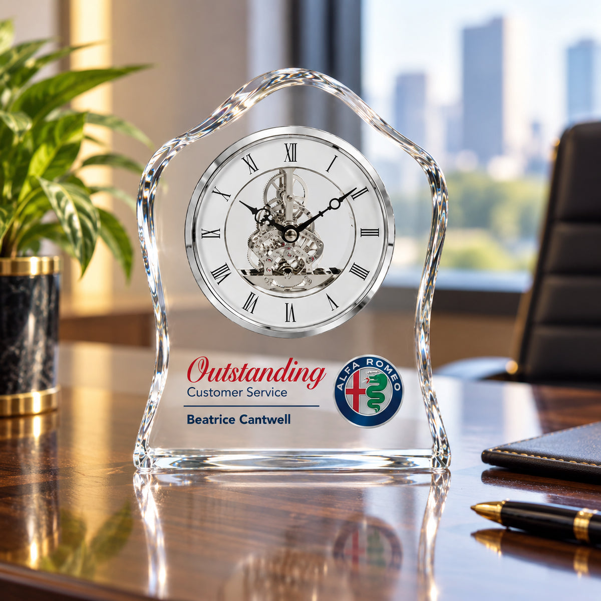 Timeless Crest | Custom Customer Service Crystal Clock Award