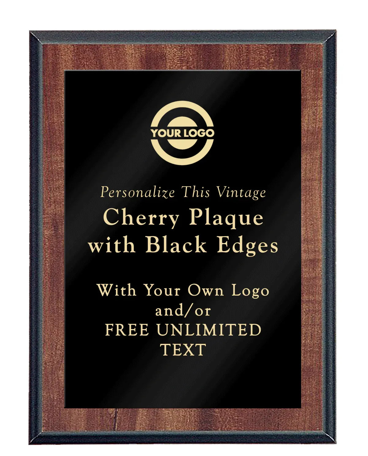 Personalizable vintage cherry plaque with black edges and customizable text and logo.