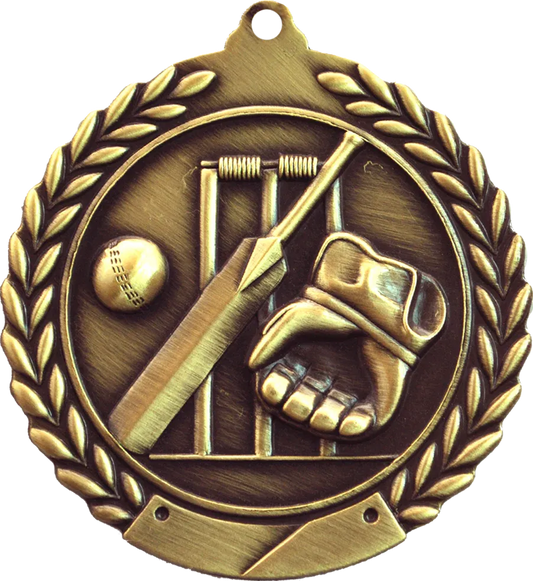 Bronze medal with cricket symbols including a ball, bat, and helmet, surrounded by a laurel wreath.