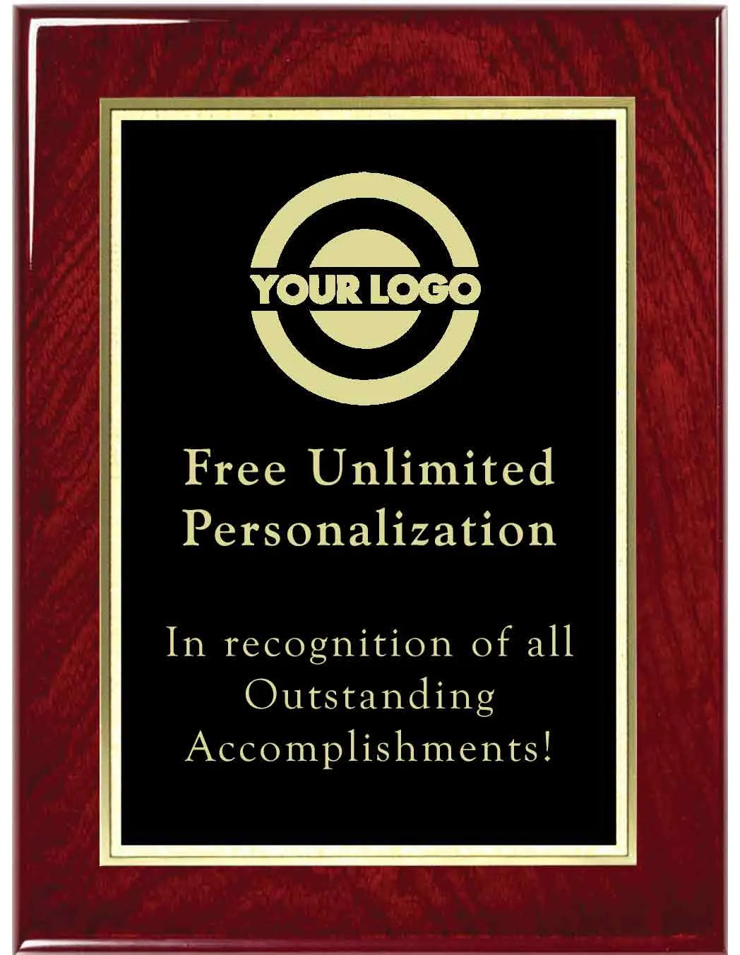 Plaque with gold border and black center displaying text and a logo placeholder.