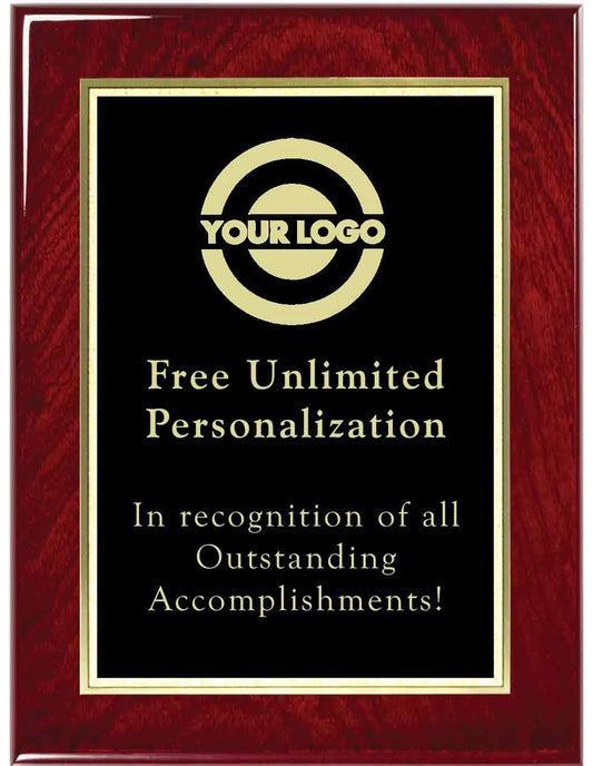 Plaque with gold border and black center displaying text and a logo placeholder.