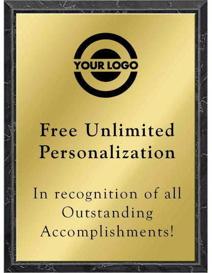 Gold plaque with black text and customizable logo area, framed in black.
