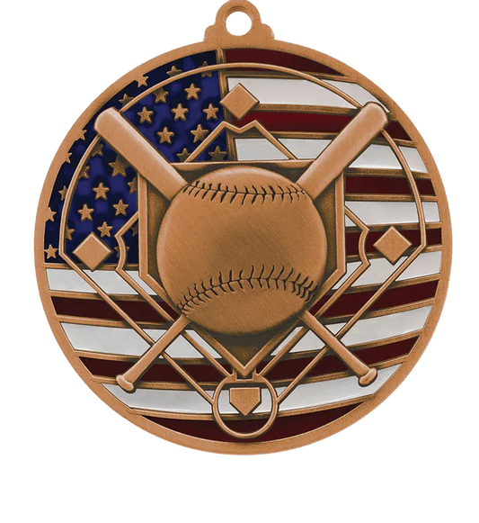 Bronze medal with baseball design featuring an American flag background