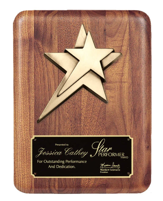Metal Gold Star Mount Walnut Plaque - Customize Awards
