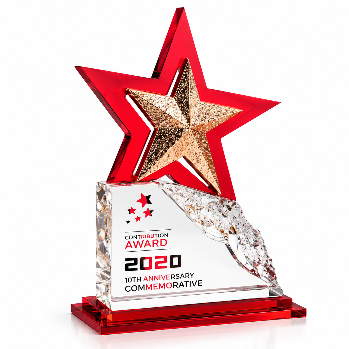 Starflare Tribute red star acrylic Thanksgiving award with metallic star centerpiece on a red base