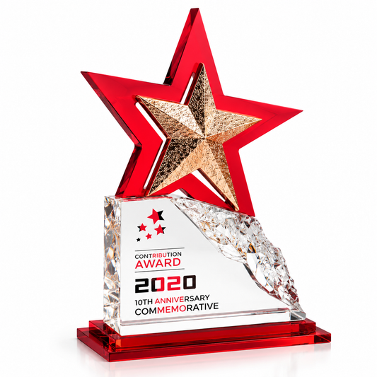 Starflare Tribute red star acrylic Thanksgiving award with metallic star centerpiece on a red base