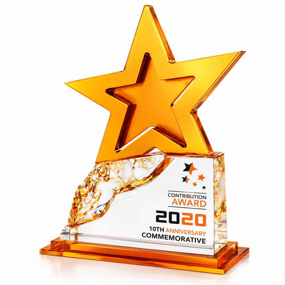Starcrest Radiance gold star acrylic Thanksgiving appreciation award with textured finish on an amber base