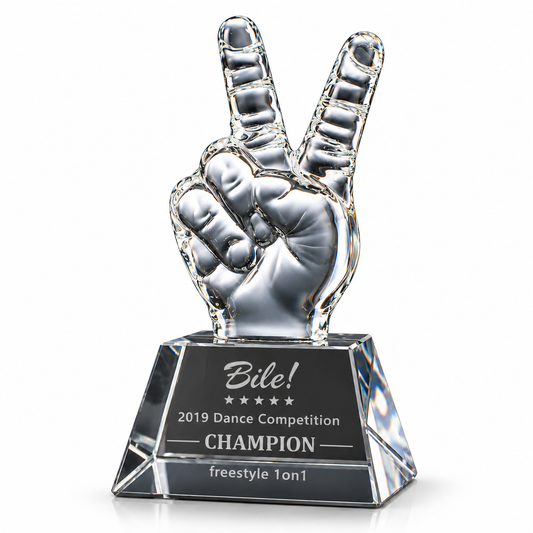 Victory Gesture clear crystal peace sign hand Thanksgiving gratitude award on a faceted base