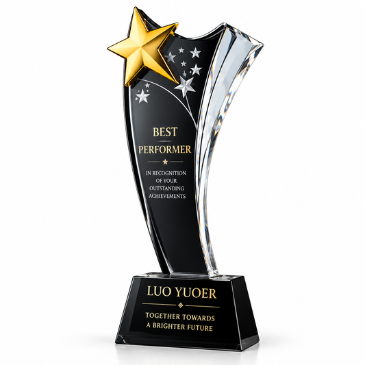 Starcrest Valor dark crystal Thanksgiving achievement award with gold star accent on a black base