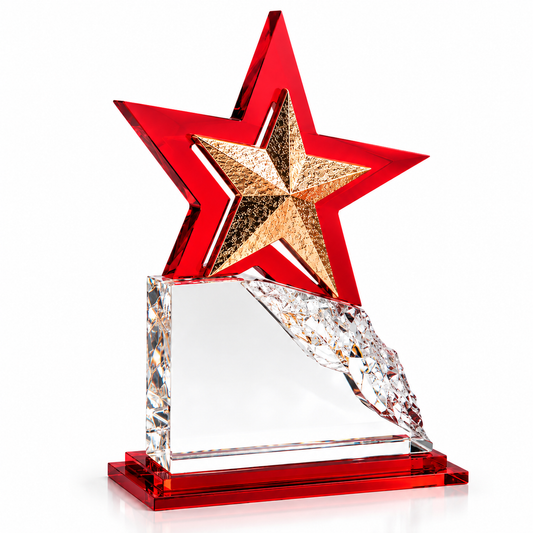 Custom red acrylic star trophy for Thanksgiving contribution and team recognition