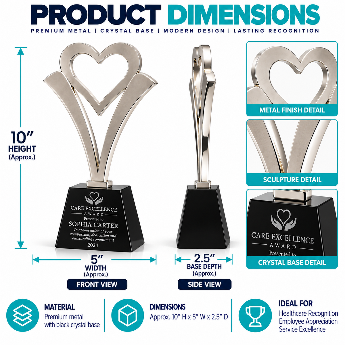 Personalized sculptural metal heart award with engraved plate for corporate gratitude