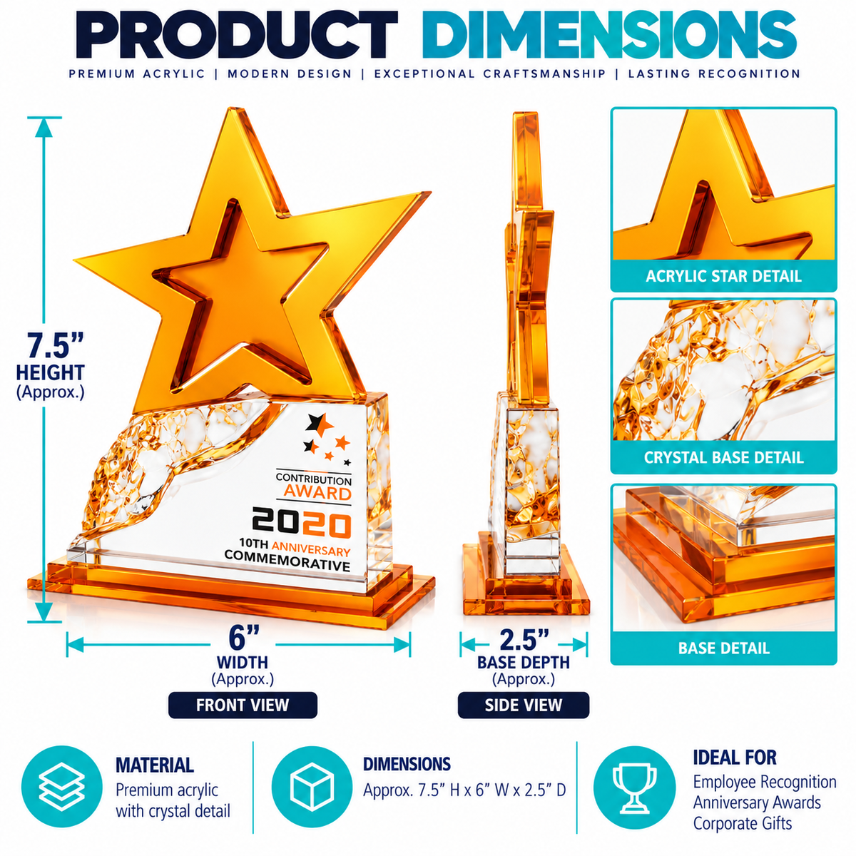 Personalized textured acrylic star award with warm gold and orange accents