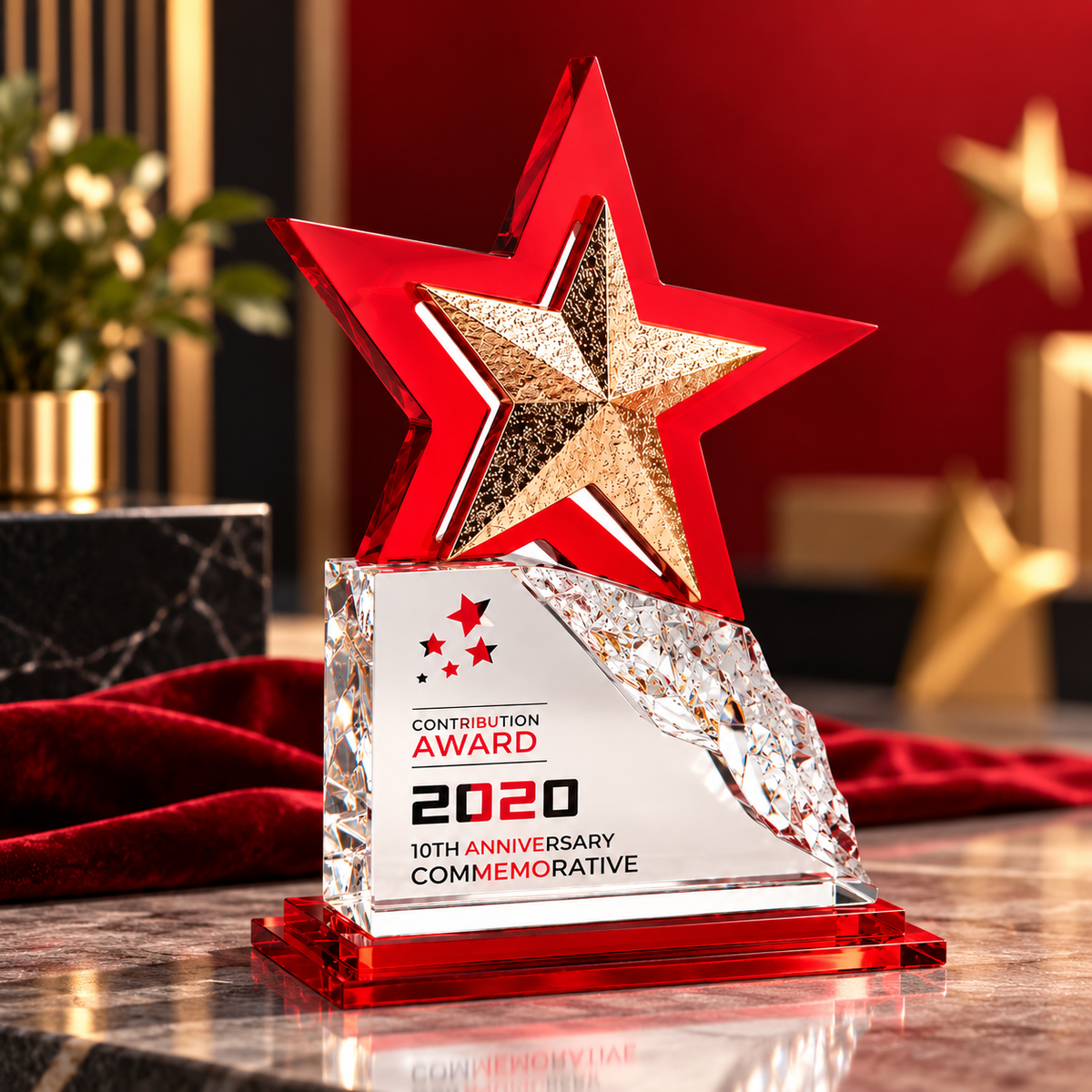 Custom red acrylic star trophy for Thanksgiving contribution and team recognition