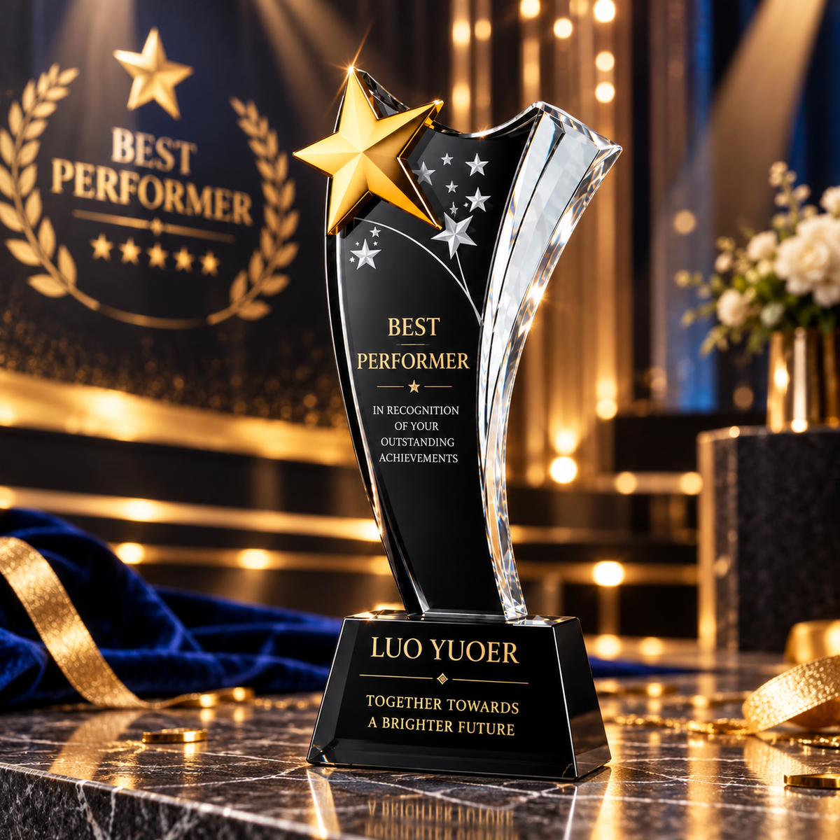 Custom crystal appreciation trophy with gold star for corporate and team recognition