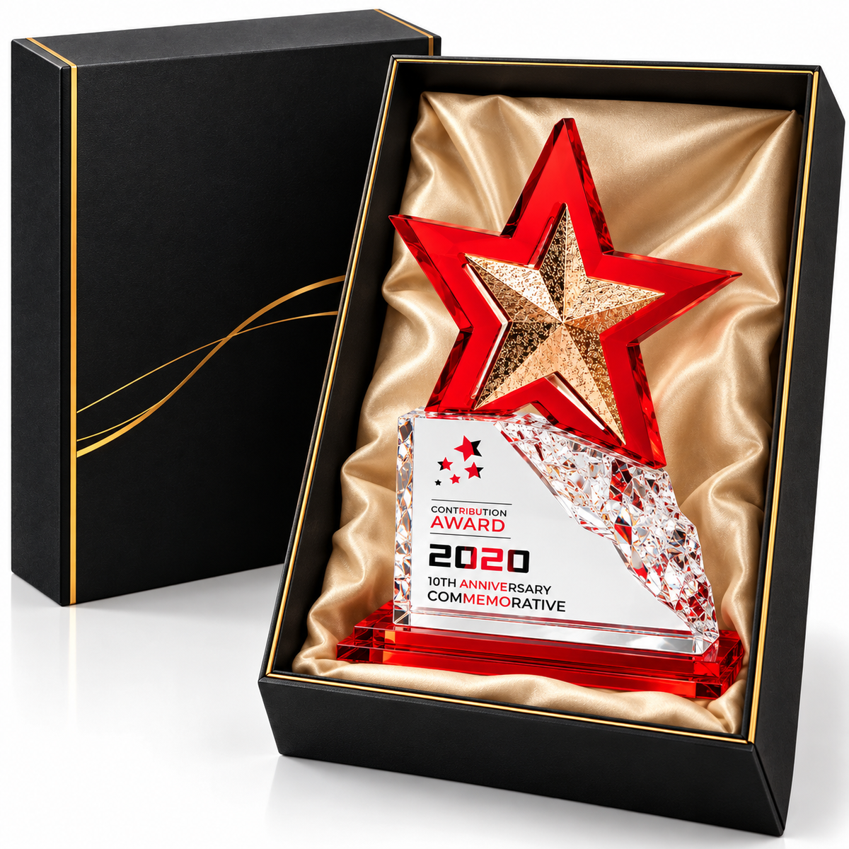 Personalized layered acrylic star award with metallic accent and engraved message